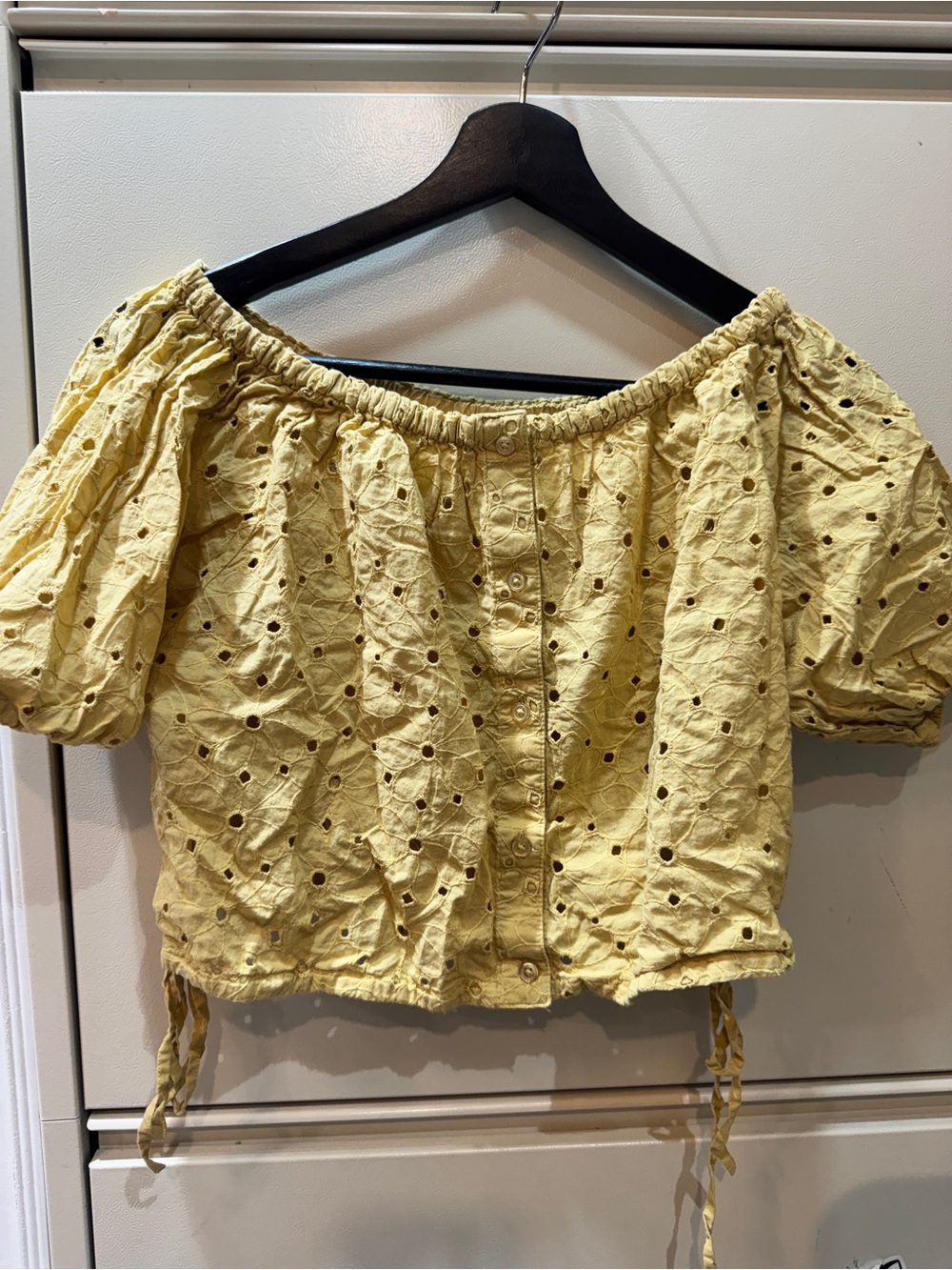 Yellow Eyelet Off-Shoulder Crop Top with Puff Sleeves